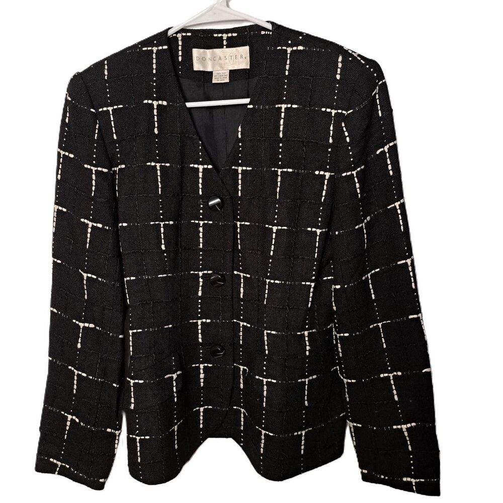 Doncaster Women Black White Button Career Windowpane Silk Jacket Blazer Size 8